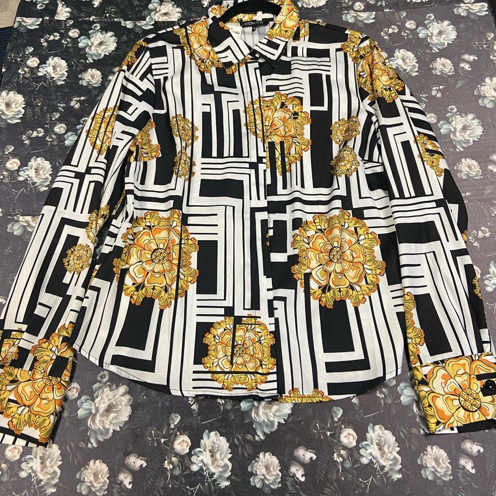 Black and White Geometric Shirt with Gold Floral Accents